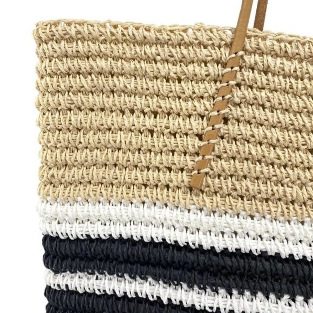 Aqua Trio Striped Straw Woven Tote Bag New - Picture 3 of 13